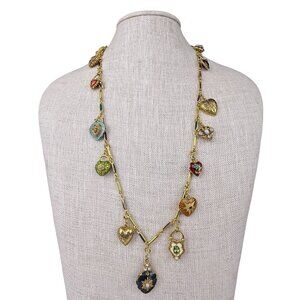 Joan Rivers Gold Tone Charm Necklace Enamel Heart Lockets Vintage Style Chain